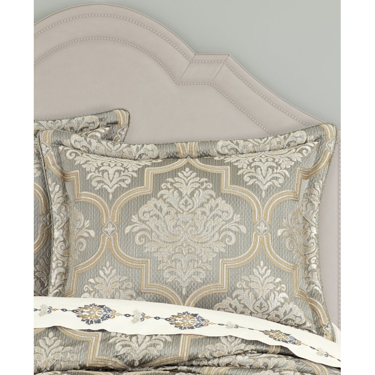 Ivory and Sage Queen Reversible Comforter Set with Damask Pattern
