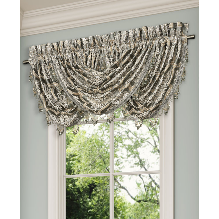 Sage and Neutral Jacquard Damask Waterfall Valance with Crystal Tassel Fringe