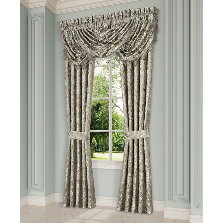 Sage and Neutral Jacquard Damask Waterfall Valance with Crystal Tassel Fringe