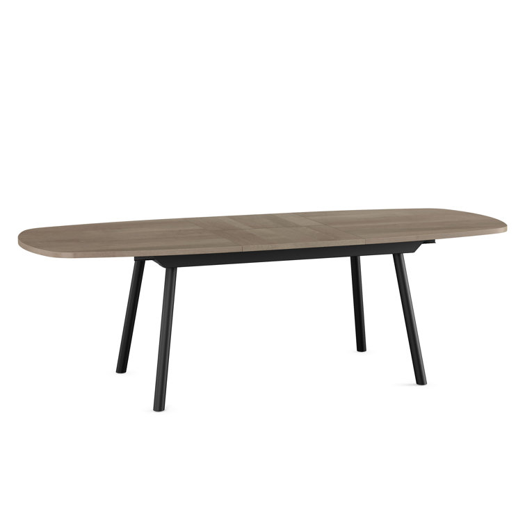 Light Beige Birch Veneer Extendable Dining Table with Black Metal Chairs