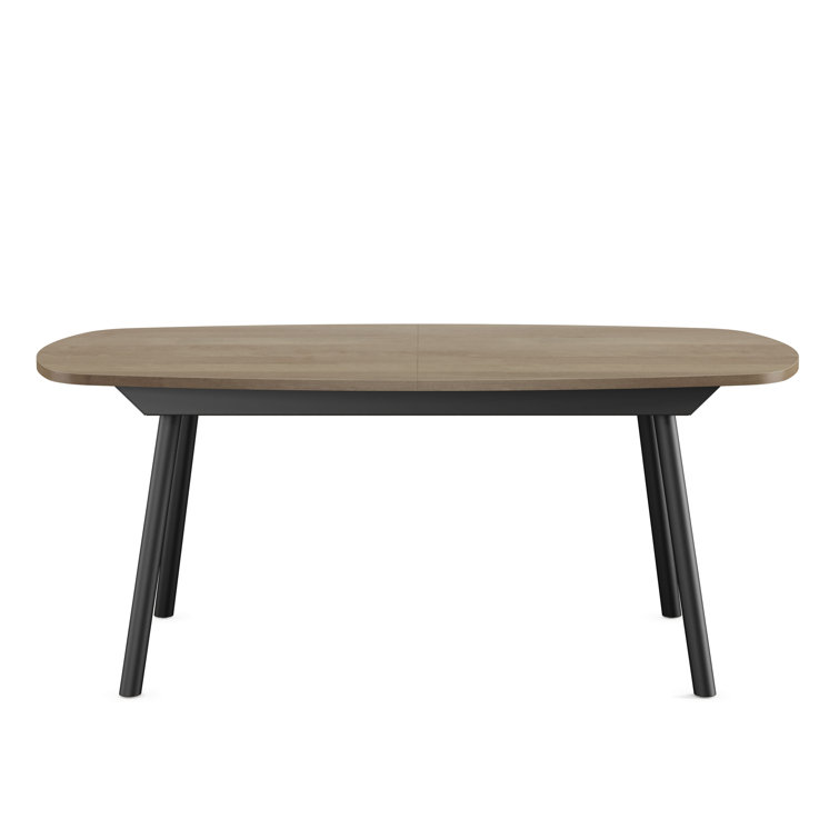 Light Beige Birch Veneer Extendable Dining Table with Black Metal Chairs