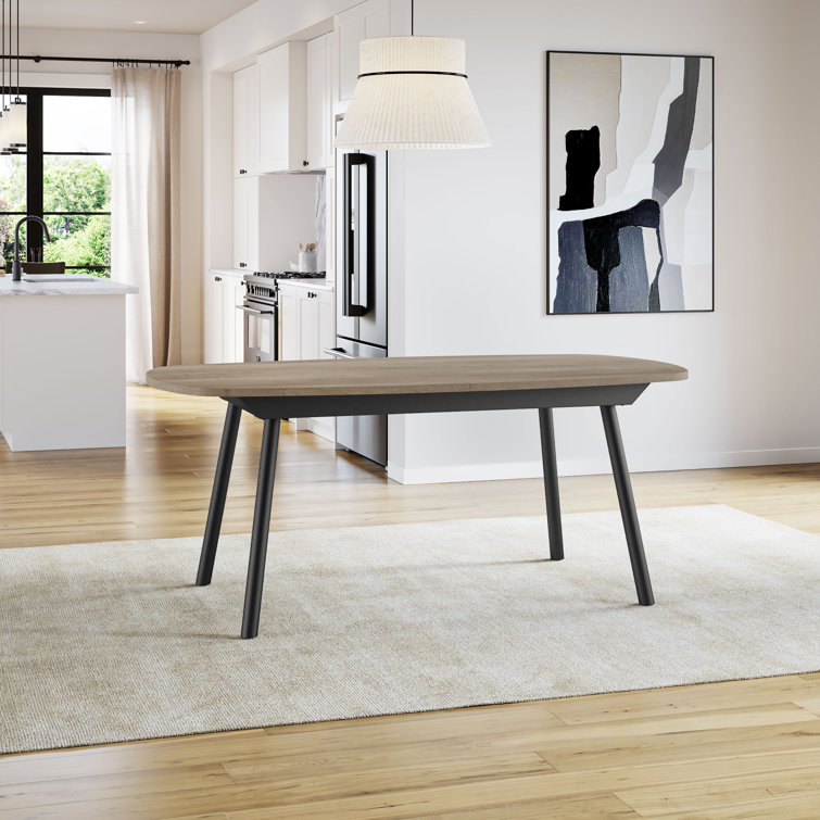 Light Beige Birch Veneer Extendable Dining Table with Black Metal Chairs