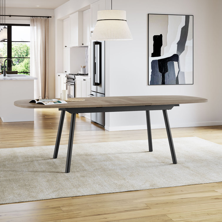 Light Beige Birch Veneer Extendable Dining Table with Black Metal Chairs