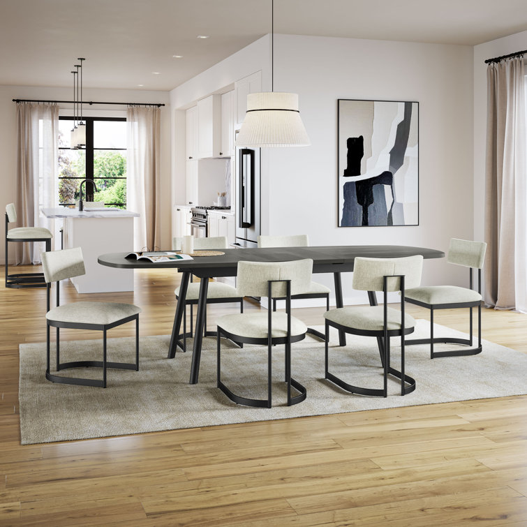 Gray Extendable Dining Table with 6 Light Beige Upholstered Chairs