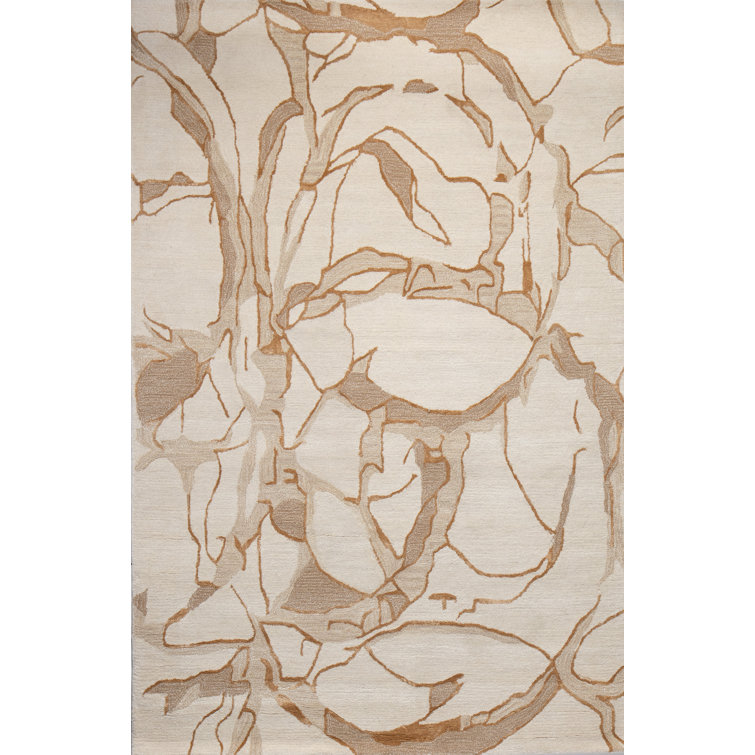 Beige and Brown Abstract Handmade Wool Rug 3'9" x 5'9"
