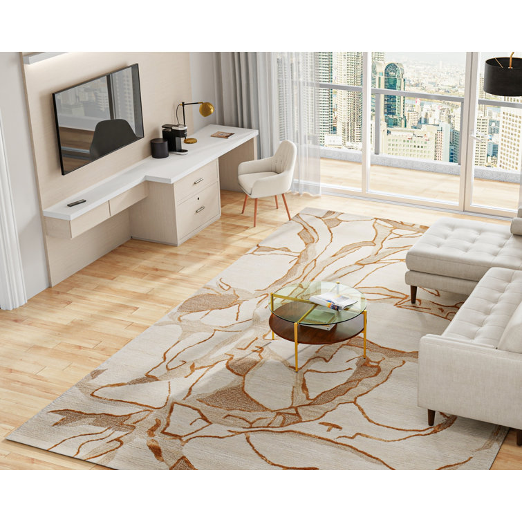 Beige and Brown Abstract Handmade Wool Rug 3'9" x 5'9"