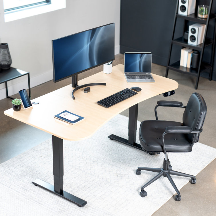 Light Wood and Black Adjustable Height Standing Desk with Power Outlet