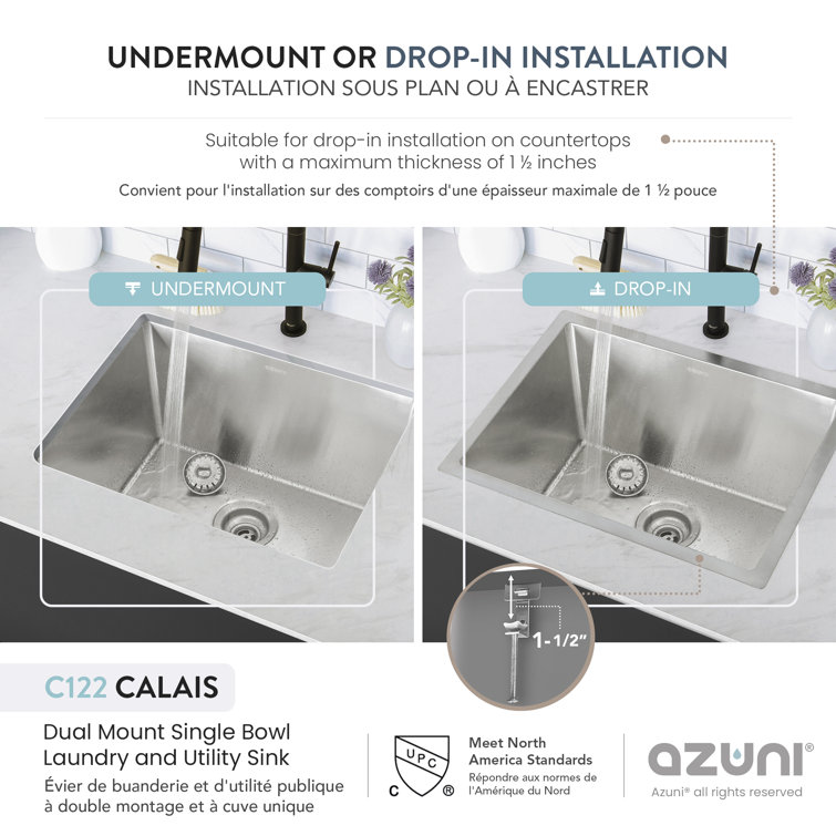 Azuni 22" Stainless Steel Single Bowl Laundry Sink with Dual Mount Installation