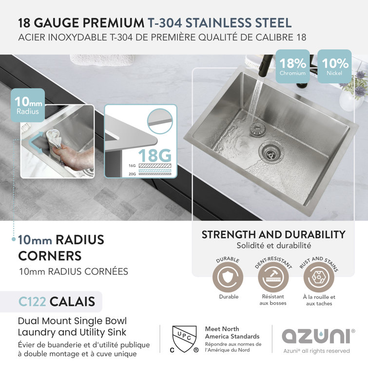 Azuni 22" Stainless Steel Single Bowl Laundry Sink with Dual Mount Installation