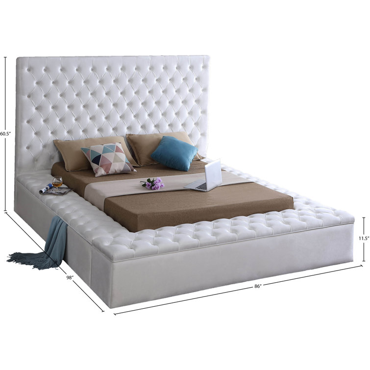 Bliss White Velvet Queen Upholstered Storage Bed with Tufted Headboard