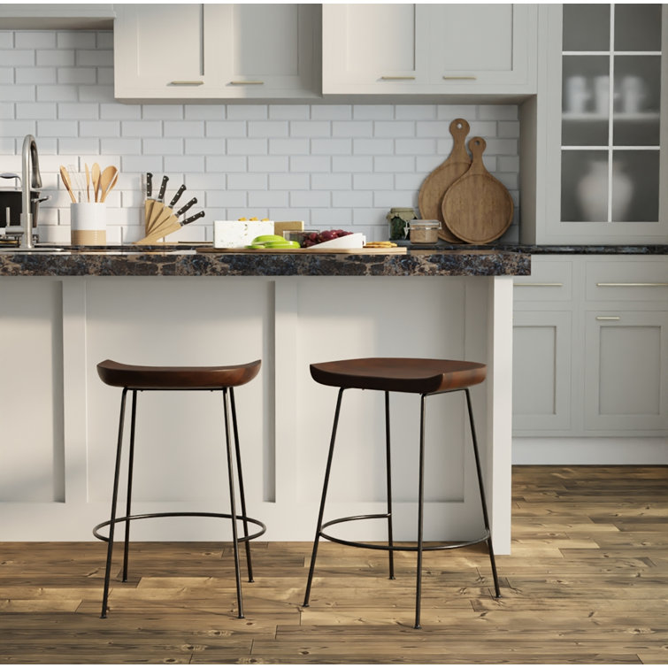 Chestnut Mango Wood and Black Iron Backless Counter Stools, Set of 2