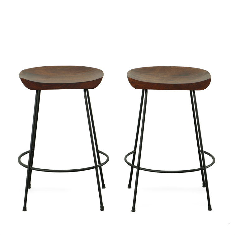 Chestnut Mango Wood and Black Iron Backless Counter Stools, Set of 2
