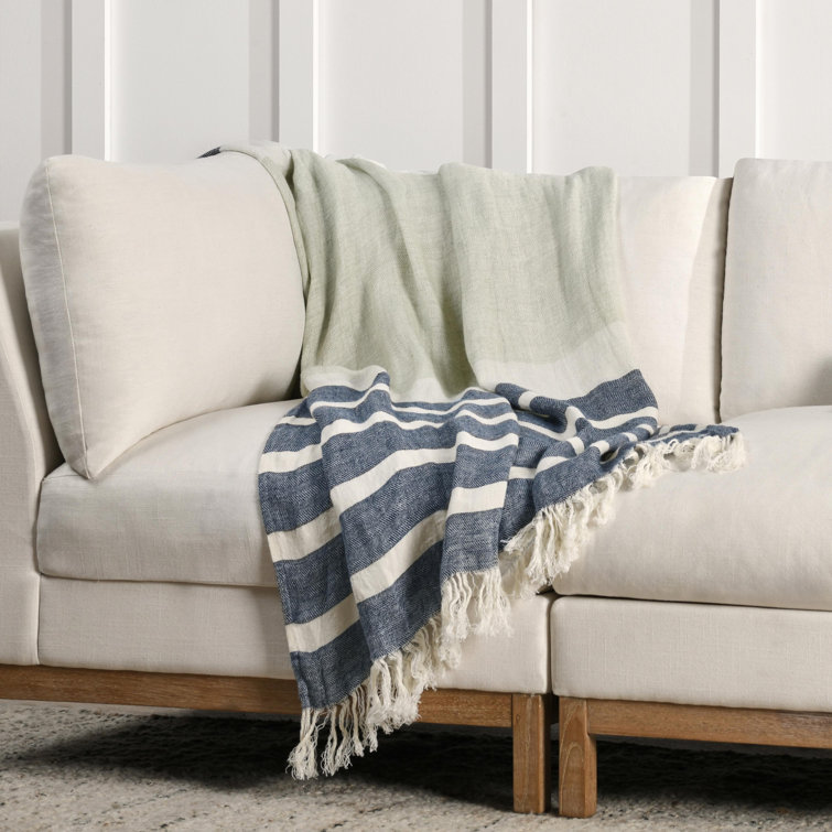 Blue Linen Striped Handwoven Throw Blanket with Fringe