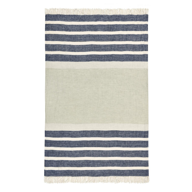 Blue Linen Striped Handwoven Throw Blanket with Fringe