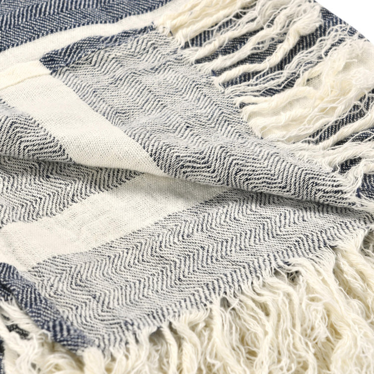 Blue Linen Striped Handwoven Throw Blanket with Fringe