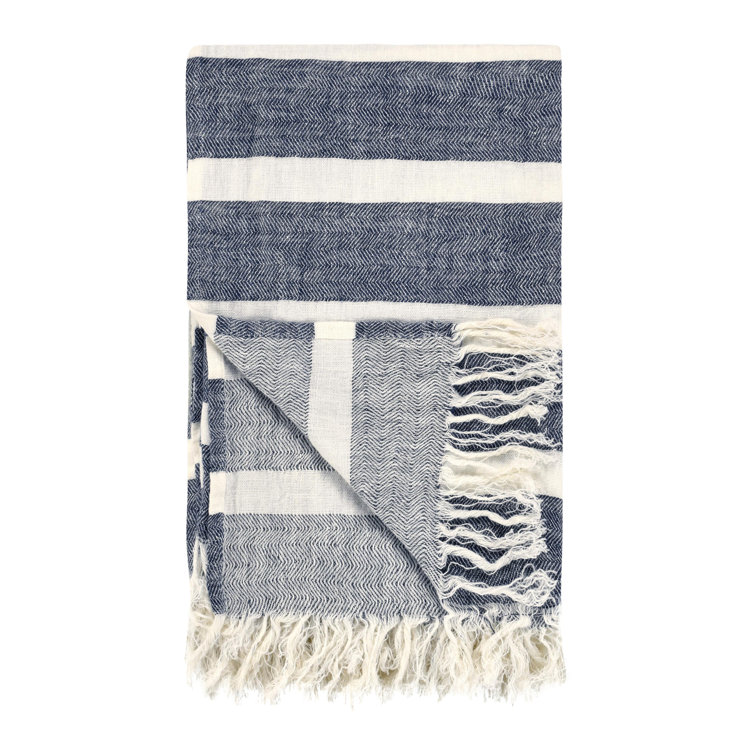 Blue Linen Striped Handwoven Throw Blanket with Fringe