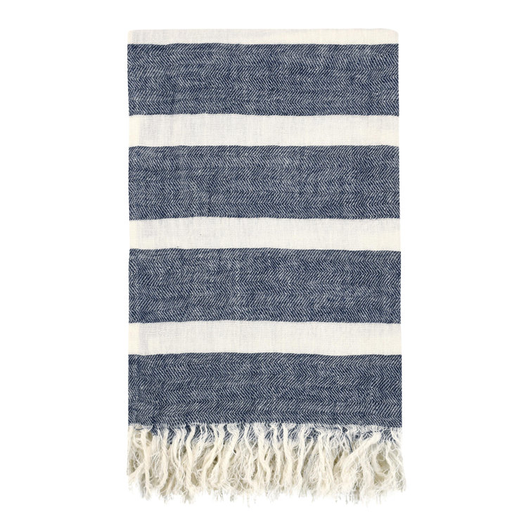 Blue Linen Striped Handwoven Throw Blanket with Fringe