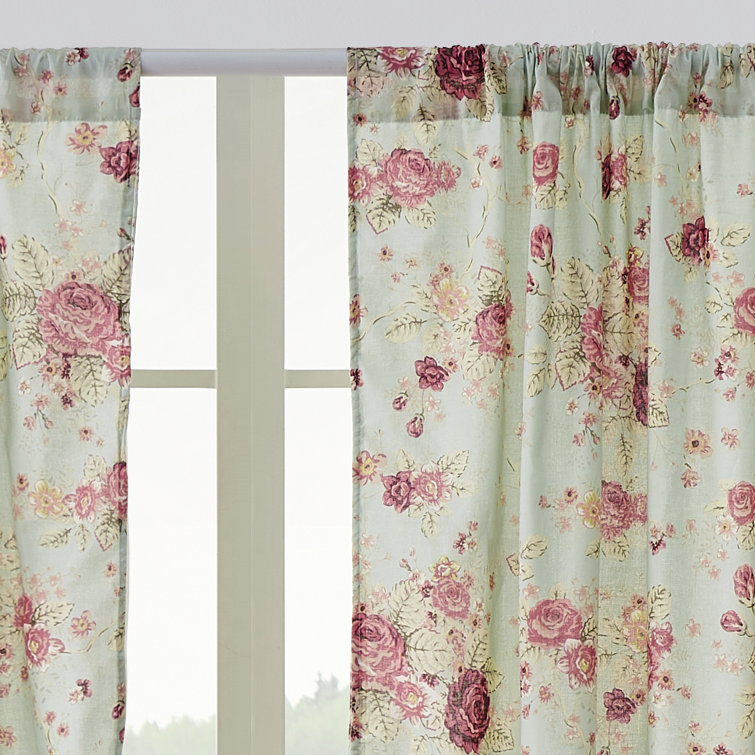 Seafoam Antique Rose Cotton Light-Filtering Rod Pocket Curtain Panels