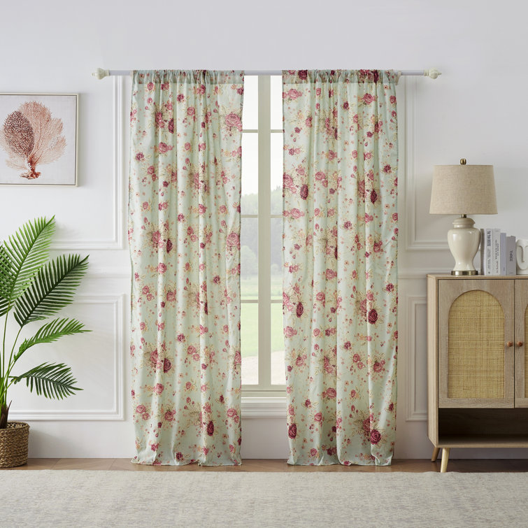 Seafoam Antique Rose Cotton Light-Filtering Rod Pocket Curtain Panels