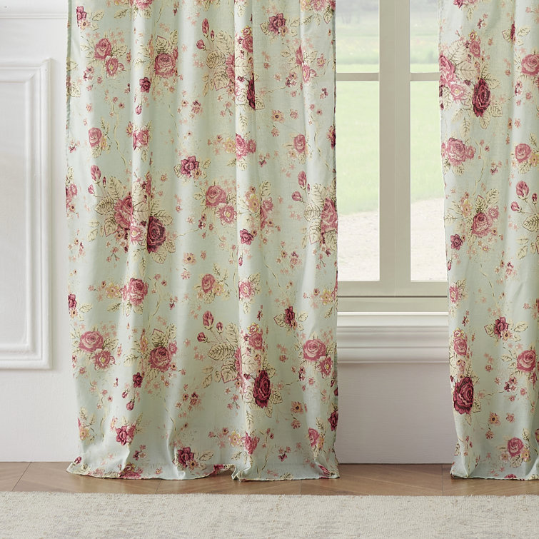 Seafoam Antique Rose Cotton Light-Filtering Rod Pocket Curtain Panels