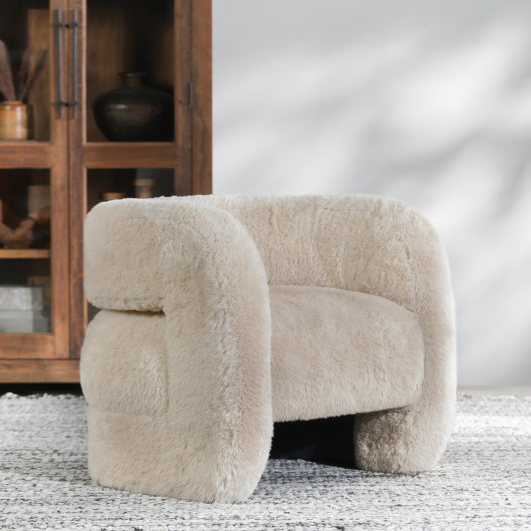 Beige Faux Fur Upholstered Barrel Chair with Solid Wood Frame