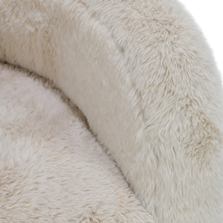 Beige Faux Fur Upholstered Barrel Chair with Solid Wood Frame
