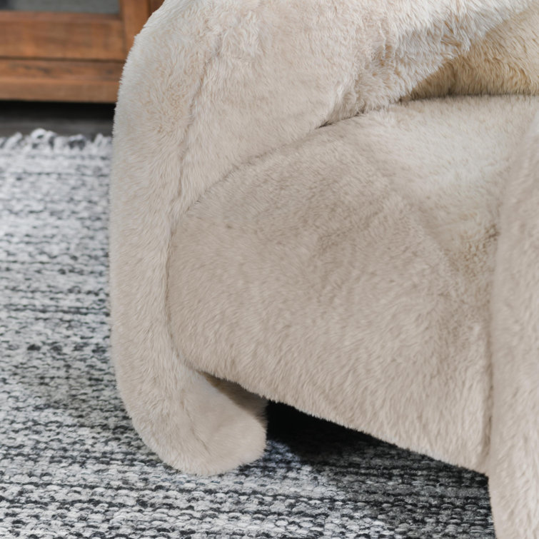 Beige Faux Fur Upholstered Barrel Chair with Solid Wood Frame