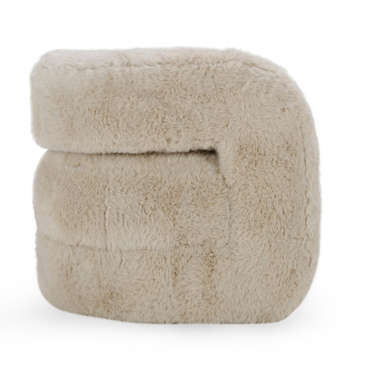 Beige Faux Fur Upholstered Barrel Chair with Solid Wood Frame