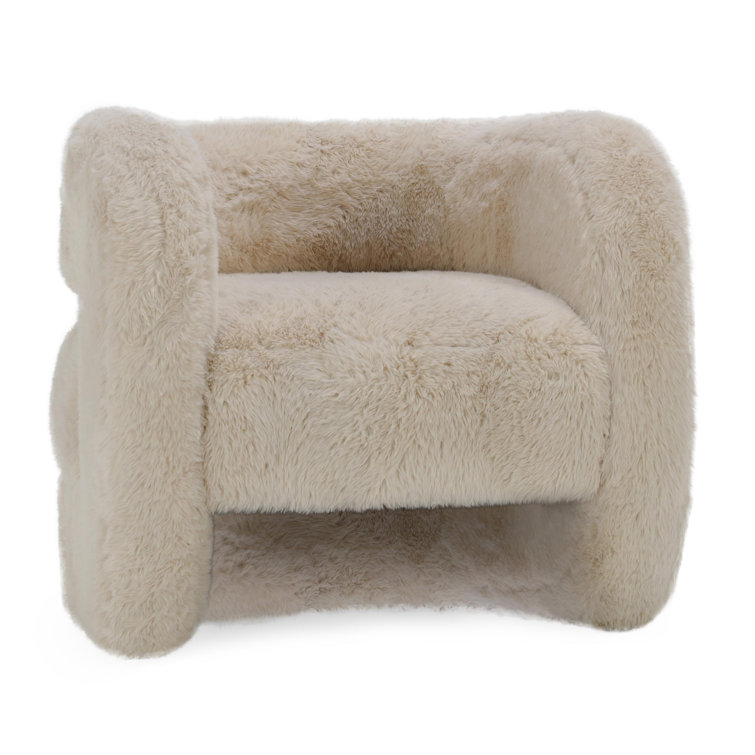 Beige Faux Fur Upholstered Barrel Chair with Solid Wood Frame