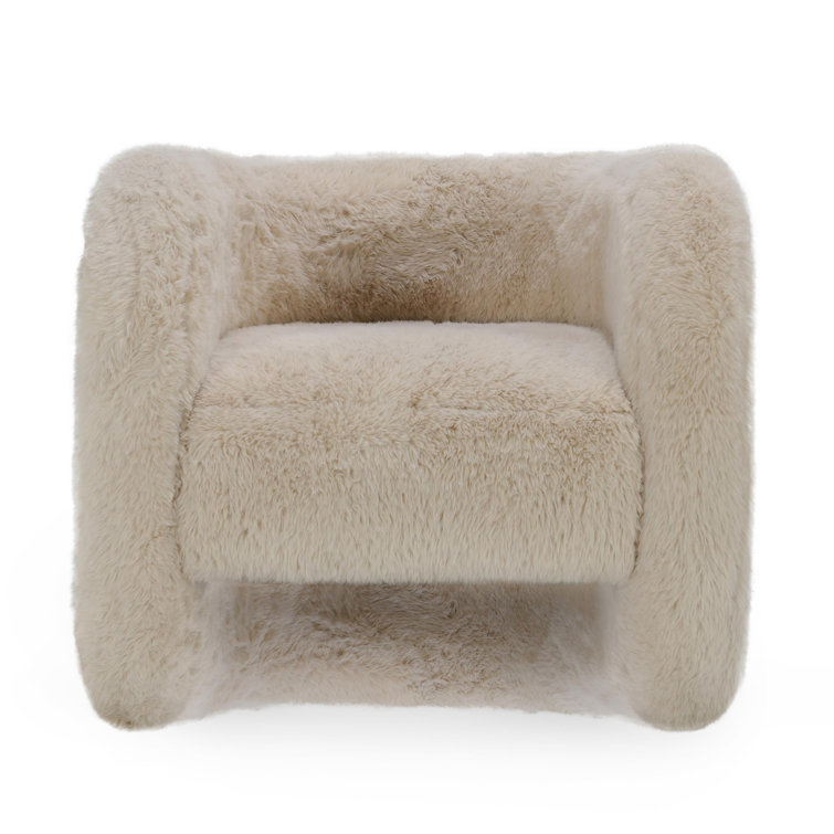 Beige Faux Fur Upholstered Barrel Chair with Solid Wood Frame