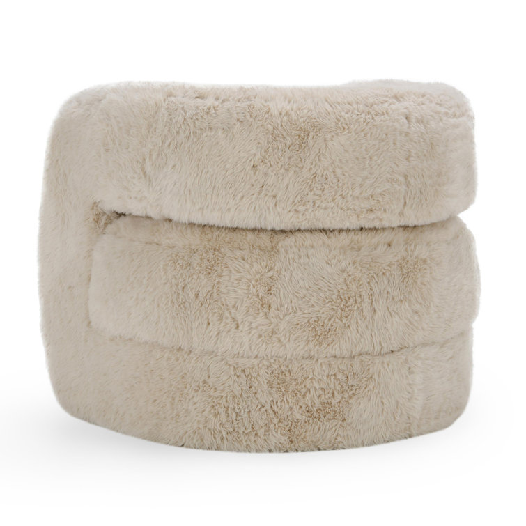 Beige Faux Fur Upholstered Barrel Chair with Solid Wood Frame