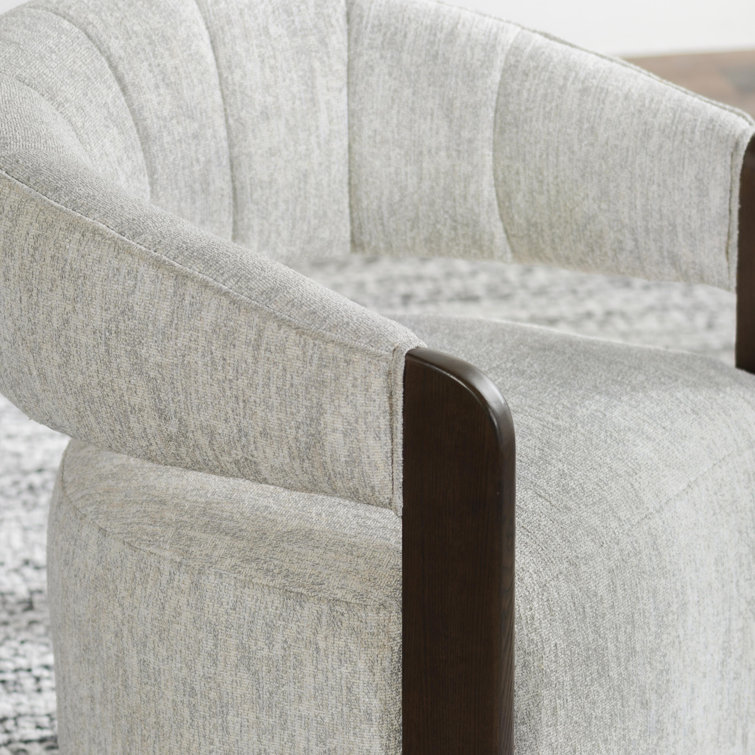Ivory Bouclé Upholstered Swivel Barrel Chair with Wood Arms