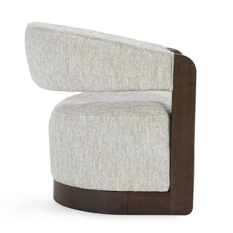 Ivory Bouclé Upholstered Swivel Barrel Chair with Wood Arms