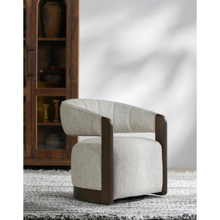 Ivory Bouclé Upholstered Swivel Barrel Chair with Wood Arms