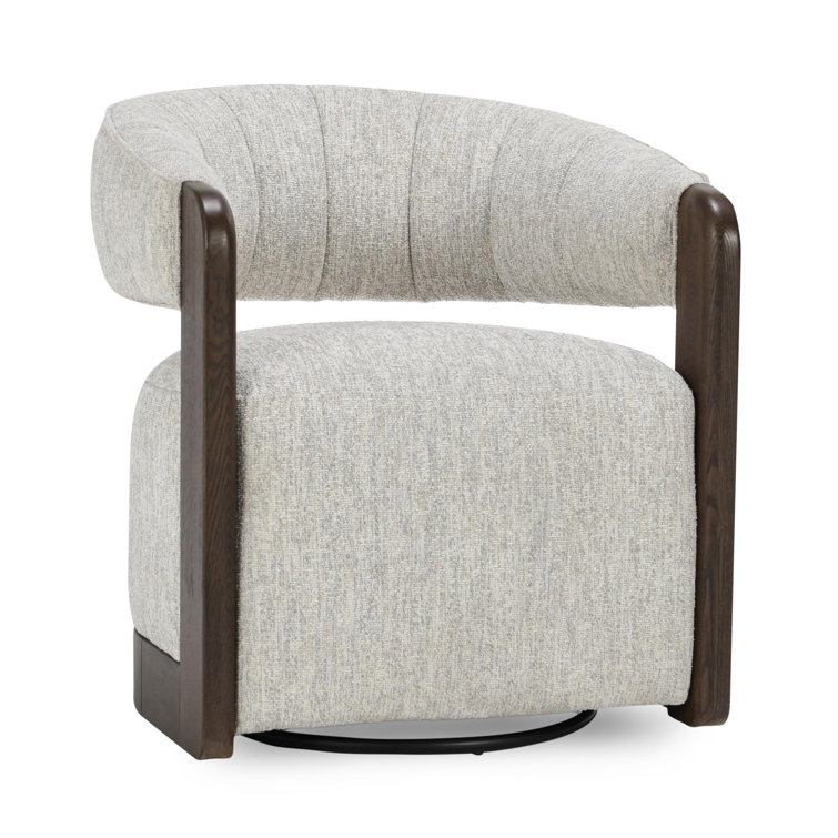 Ivory Bouclé Upholstered Swivel Barrel Chair with Wood Arms