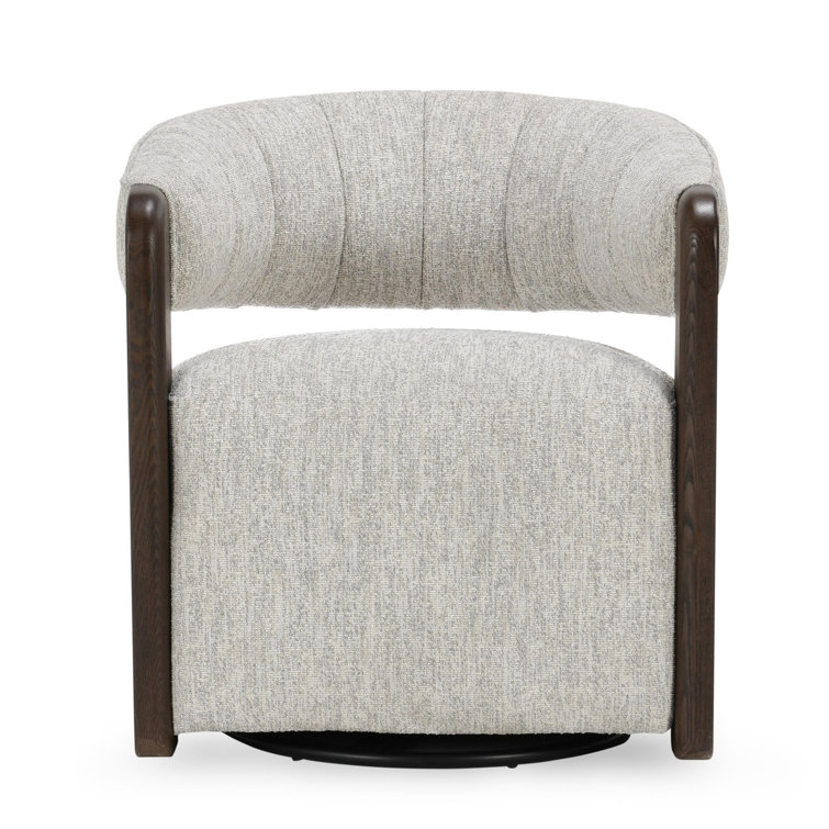 Ivory Bouclé Upholstered Swivel Barrel Chair with Wood Arms