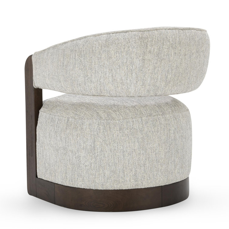 Ivory Bouclé Upholstered Swivel Barrel Chair with Wood Arms
