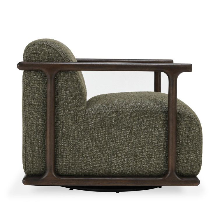 Green Upholstered Swivel Armchair with Brown Wood Frame