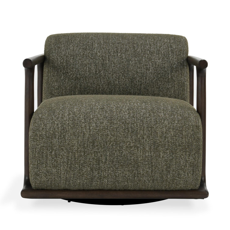 Green Upholstered Swivel Armchair with Brown Wood Frame