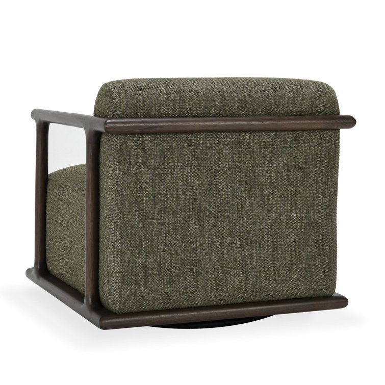 Green Upholstered Swivel Armchair with Brown Wood Frame