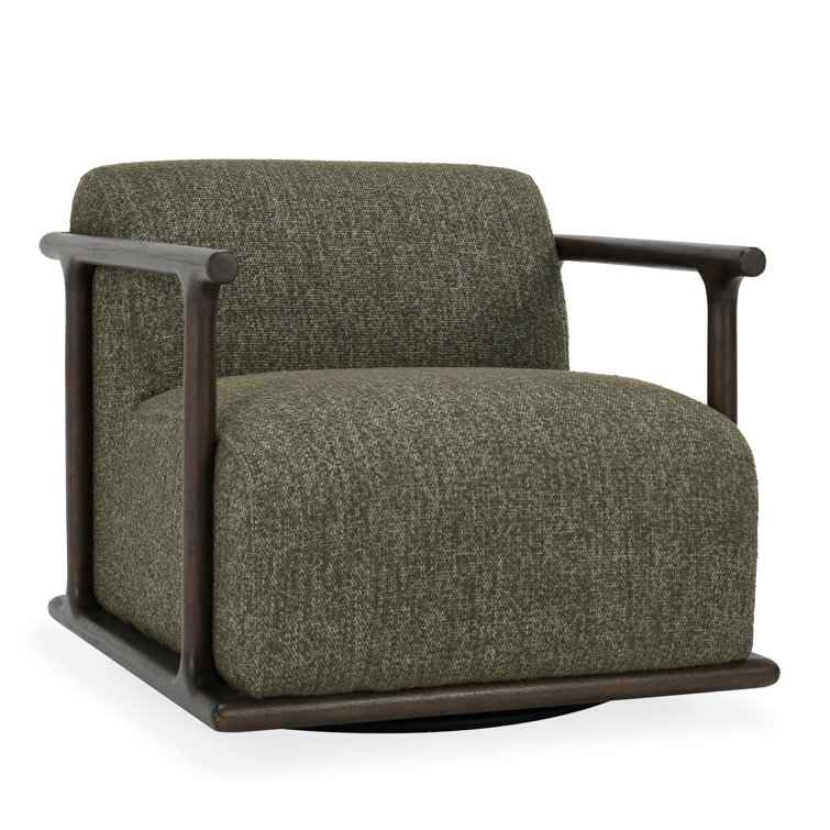 Green Upholstered Swivel Armchair with Brown Wood Frame