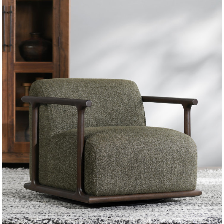 Green Upholstered Swivel Armchair with Brown Wood Frame