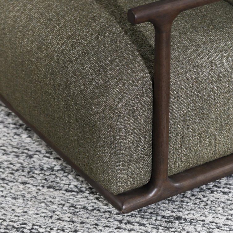 Green Upholstered Swivel Armchair with Brown Wood Frame