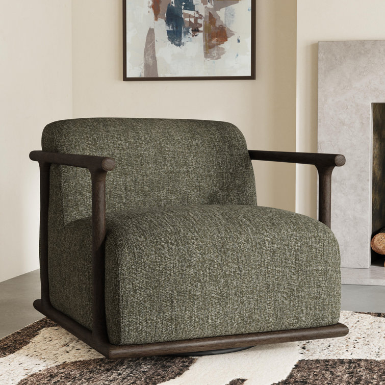 Green Upholstered Swivel Armchair with Brown Wood Frame