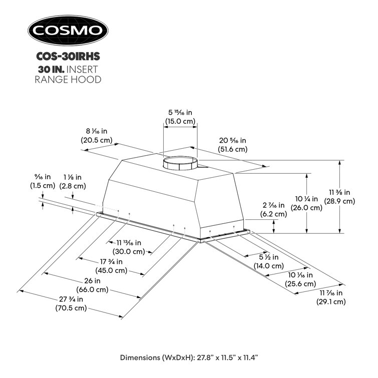 Cosmo 30-Inch Stainless Steel Insert Range Hood with LED Lights