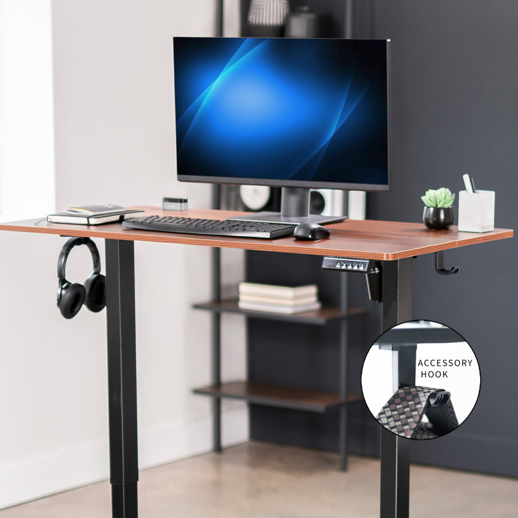 Electric Adjustable Height Black Frame Standing Desk, Dark Walnut Top