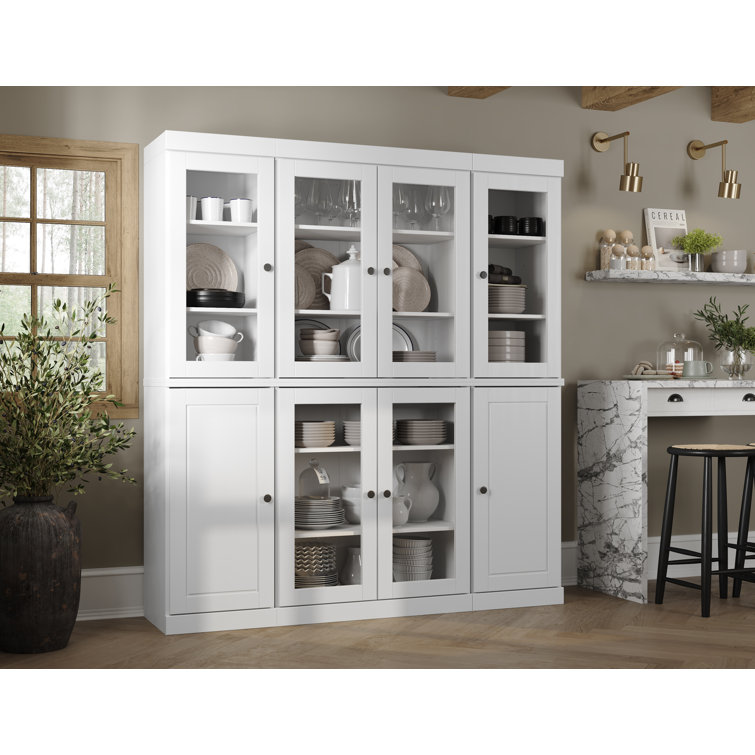 White Solid Wood Pantry Cabinet with Glass Doors and Adjustable Shelves