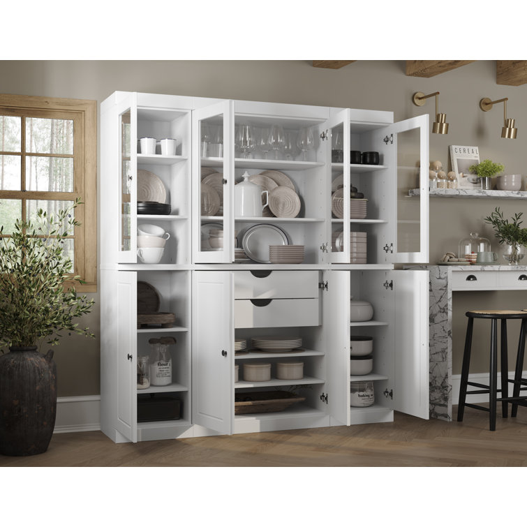 White Solid Wood Pantry Cabinet with Glass Doors and Adjustable Shelves