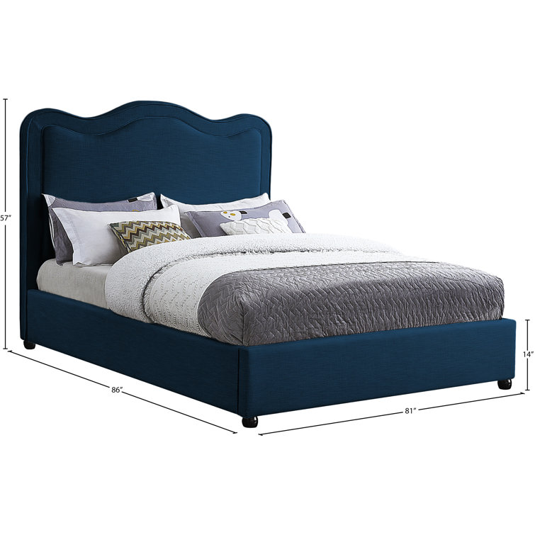 King Navy Linen Upholstered Bed with Curved Headboard