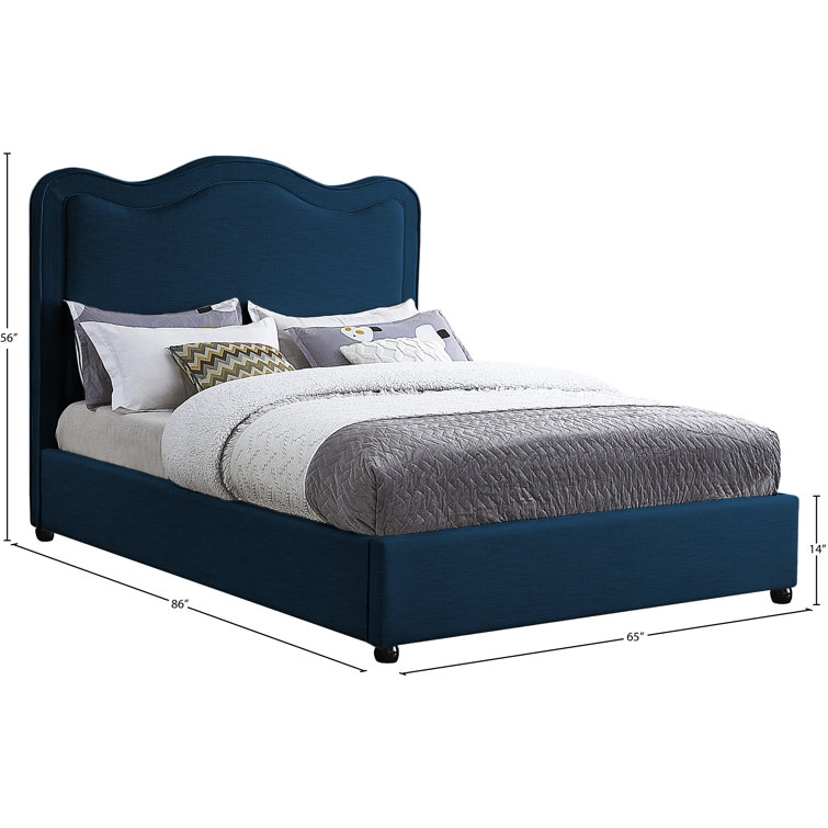 Queen Navy Linen Upholstered Bed with Curved Headboard